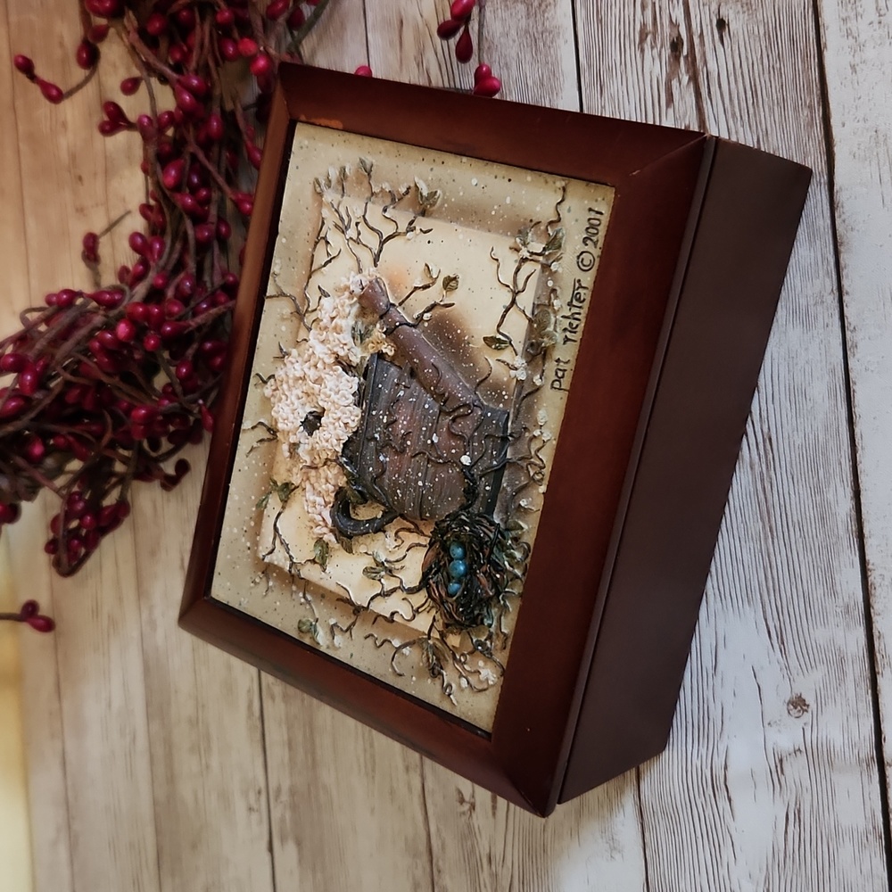 Vintage 2001 Wood Windup Jewelry Music Box with Nature Relief Somewhere My Love